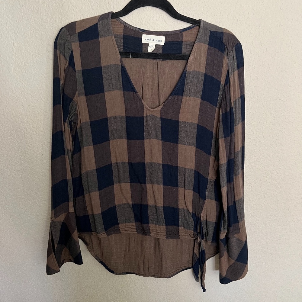 Cloth & Stone Plaid Top - Olive Green Size Small